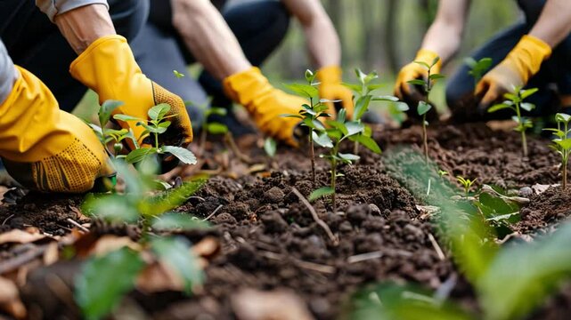 A group of volunteers dressed in yellow gloves are carefully planting young saplings in rich, brown soil, contributing to reforestation efforts in a peaceful forest location.