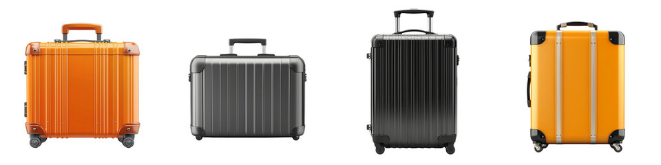 Fototapeta premium A stylish collection of four suitcases in various colors, displayed against a black background, showcasing travel essentials.