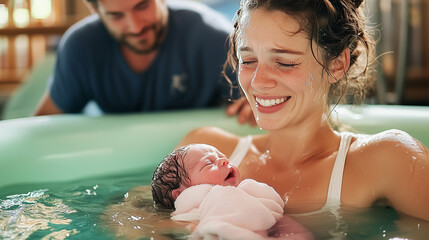 Water birth. Home birth. A woman cradles a newborn baby wrapped in a towel while sitting in a birth pool. Her husband is next to her, smiling and sharing in the joyful moment.