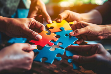 A group of people putting puzzle pieces together on a table