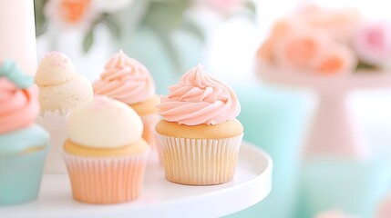 Colorful Dessert Table Display with Elaborate Cupcakes and Whoopie Pies - Festive Floral Arrangements and Pastel Decorations for Celebrations