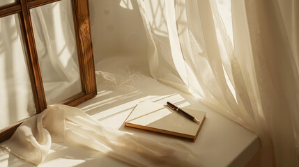 A notebook and pen sitting on a window sill next to a window