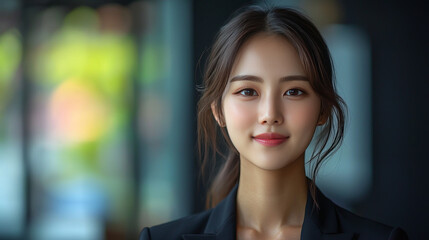 Naklejka premium Young Asian woman smiling in a professional setting.