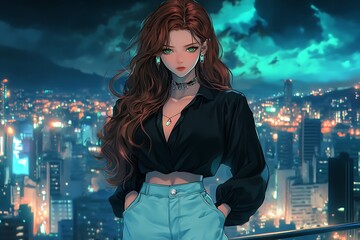 Anime girl with green eyes and long brown hair standing in front of a city skyline at night