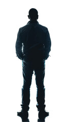 A silhouette of a man standing with his back to the camera. The image is in black and white and has a minimalist style.