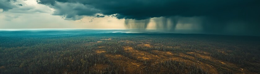 Obraz premium Aerial view of a vast forest landscape under dramatic stormy clouds, highlighting the power and beauty of nature.
