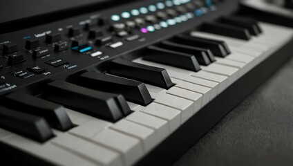MIDI keyboard with black and white keys for electronic music creation.