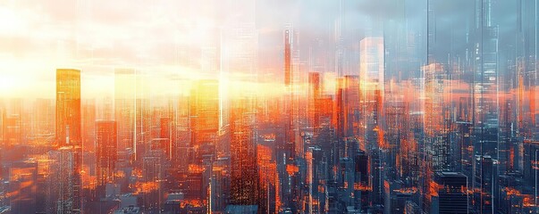 Fototapeta premium A stunning city skyline at sunset, showcasing vibrant colors and towering buildings in a modern urban environment.
