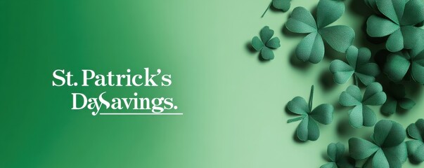 Minimalistic St. Patrick's Day sale poster with green clovers and stylish typography for seasonal promotions and discounts
