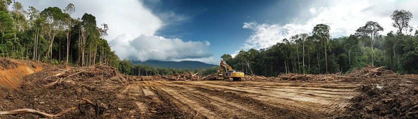 Fototapeta premium Panoramic view of deforestation in a tropical rainforest with heavy machinery and a lush forest in the background under a blue sky.