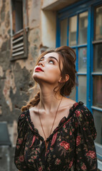 Fototapeta premium A woman in a black floral dress standing in front of a building