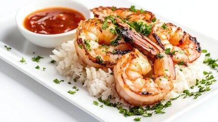 A gourmet presentation of grilled shrimp on a bed of rice, with a side of dipping sauce and garnished with fresh herbs, against a clean white background.
