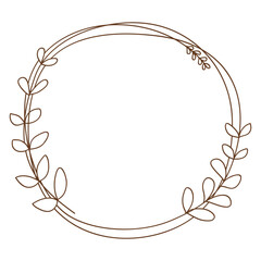 Hand drawn line art brown circle autumn leaves frame .Vector illustration