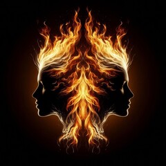 This striking image displays two human profiles with hair blazing like flames, facing each other in a perfect symmetrical alignment. The bold design represents passion, intensity, and energy in a