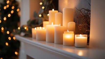 A group of candles arranged in a decorative centerpiece on a mantel, with their soft glow adding warmth and charm to the room