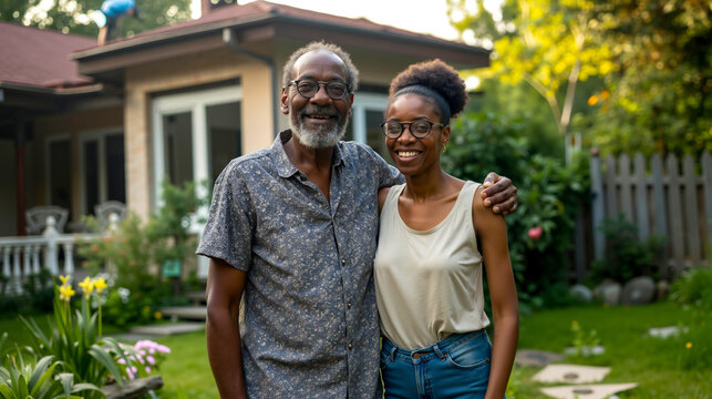 A man and woman standing in front of a house