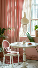 Fototapeta premium A white table and chair in front of a window with pink curtains