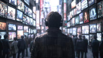 A man walks down a city street surrounded by digital billboards.