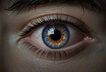A close-up of an eye with a blueish iris.
