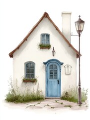 A hand-drawn watercolor illustration of a charming white cottage with a blue door, stone path, potted plants, and a street lamp. The image evokes a sense of peace, tranquility, and cozy homeliness.