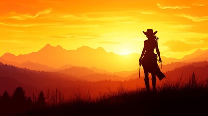 Fototapeta premium A lone cowgirl stands silhouetted against a vibrant sunset, a symbol of independence, strength, and the vastness of the western landscape. The image captures the spirit of the wild west, with mountain