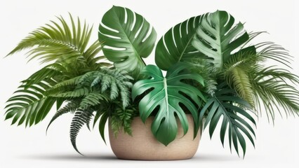 Obraz premium A lush arrangement of tropical plants in a decorative pot, enhancing indoor aesthetics and greenery.