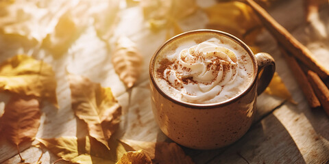 Pumpkin Spice Latte in a ceramic mug with whipped cream and cinnamon sprinkles on top on a wooden table surrounded by fall leaves