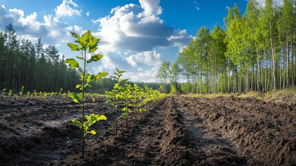 Young tree sprouting in freshly plowed field against a blue sky with clouds, surrounded by a lush forest. A symbol of growth and sustainability.