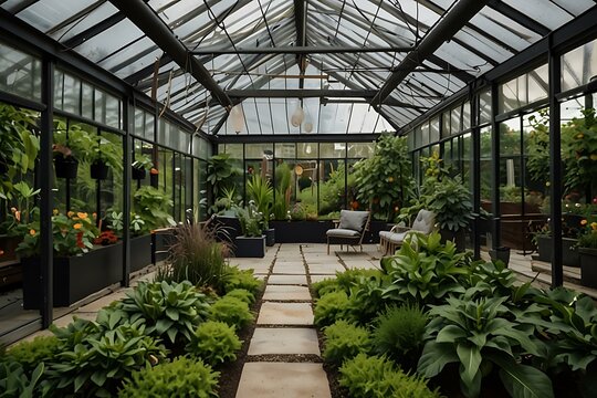 Modern greenhouse with a lush garden design.