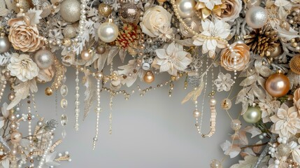 Fototapeta premium A close-up of the tree, decorated with white and beige ornaments