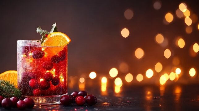 Refreshing cranberry cocktail with an orange slice, perfect for holiday gatherings. The drink is garnished with fresh cranberries and a sprig of rosemary, creating a beautiful and festive presentation