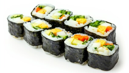 Sushi rolls with cheese and vegetables, isolated on a white background.