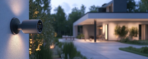 Smart security camera monitoring modern home exterior with night vision capabilities for enhanced safety. High-tech surveillance system for residential properties ensuring security and peace of mind.