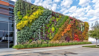 A photo of an impressive living wall installation on the side facade, showcasing different plant species in vibrant colors.