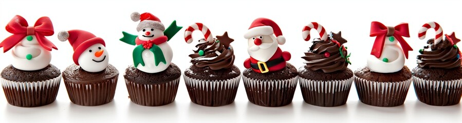A row of chocolate cupcakes with cute Christmas-themed toppers, isolated on a white background.
