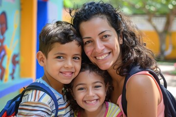 Fototapeta premium A mother and her two children are smiling, generative ai image