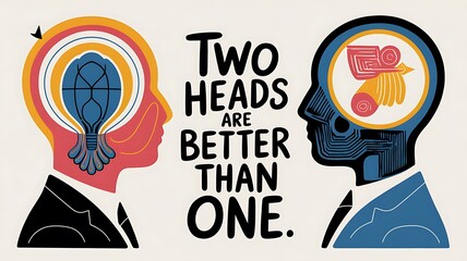Collaboration concept, side view close up men and phrase two heads are better than one