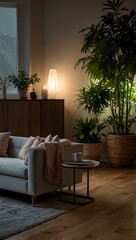 Modern living room with ambient lighting and plants.