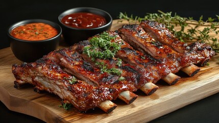 A high-definition image of a rack of perfectly grilled pork ribs, arranged neatly on a wooden cutting board with a side of dipping sauces and garnished with herbs.
