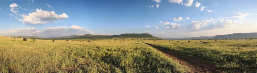 Obraz premium Panoramic view of a grassy savannah under a blue sky with scattered clouds in a serene natural landscape.
