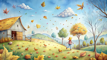 Cheerful cartoon girl on farm amidst autumn landscape, children's drawing style