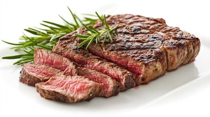 A high-definition image of a steak cut into slices, revealing its juicy interior, arranged neatly on a white plate with a clean, white background.