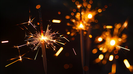 Obraz premium Glass in hand with champagne and sparklers on a dark background