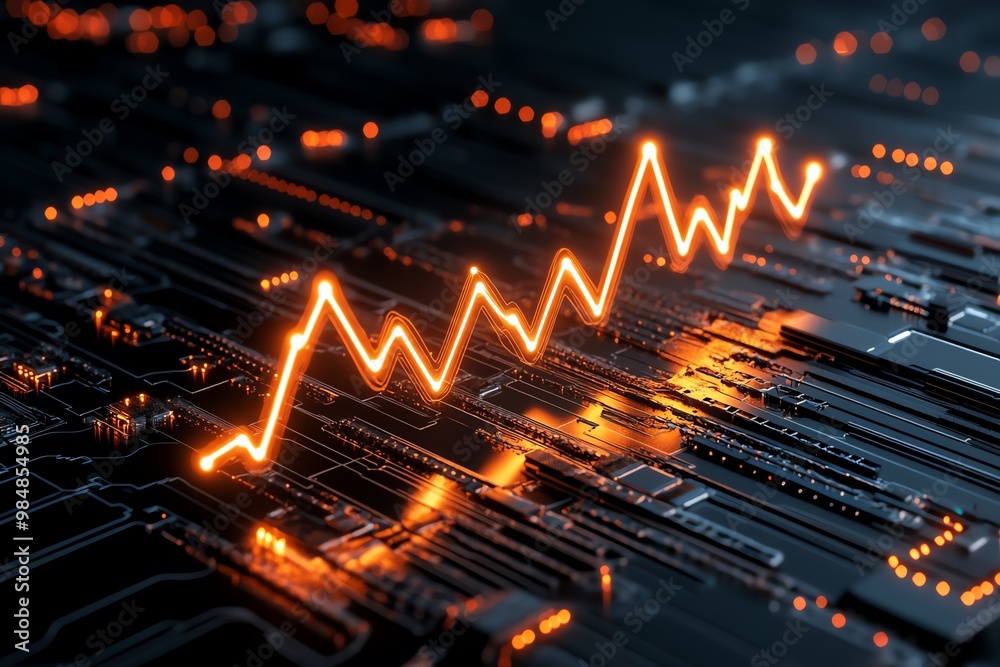 Poster futuristic business graph with glowing lines, showing a sharp upward trend symbolizing rapid growth 