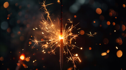 Fototapeta premium Sparkling fire on a black background with golden bokeh