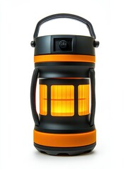 Naklejka premium Bright and portable lantern with orange accents, ideal for camping, outdoor activities, or emergency situations, white background