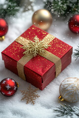 Christmas gift box, fir tree branches, red balls on a snowy background. Christmas card.. Vertical photography