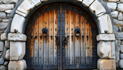 Timeless weathered wooden door with iron rings set in a rustic stone archway