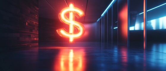 A neon dollar sign is lit up in a dark room