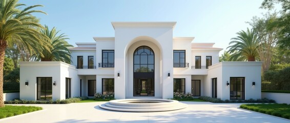 Luxurious two-story white mansion with a fountain against the backdrop of a green lawn and well-groomed landscape, modern architecture, villa or palace design